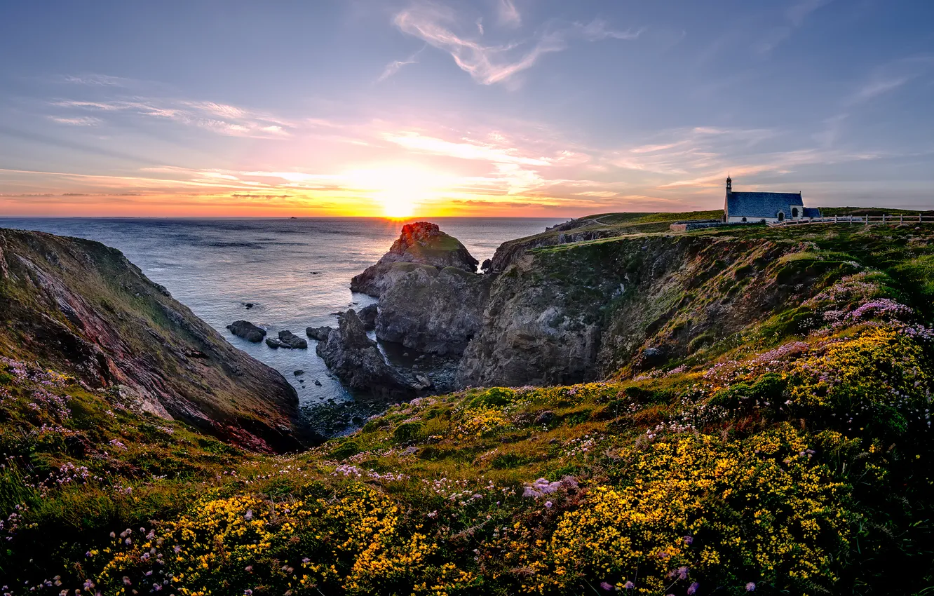 Photo wallpaper sea, the sun, clouds, rays, light, flowers, stones, rocks