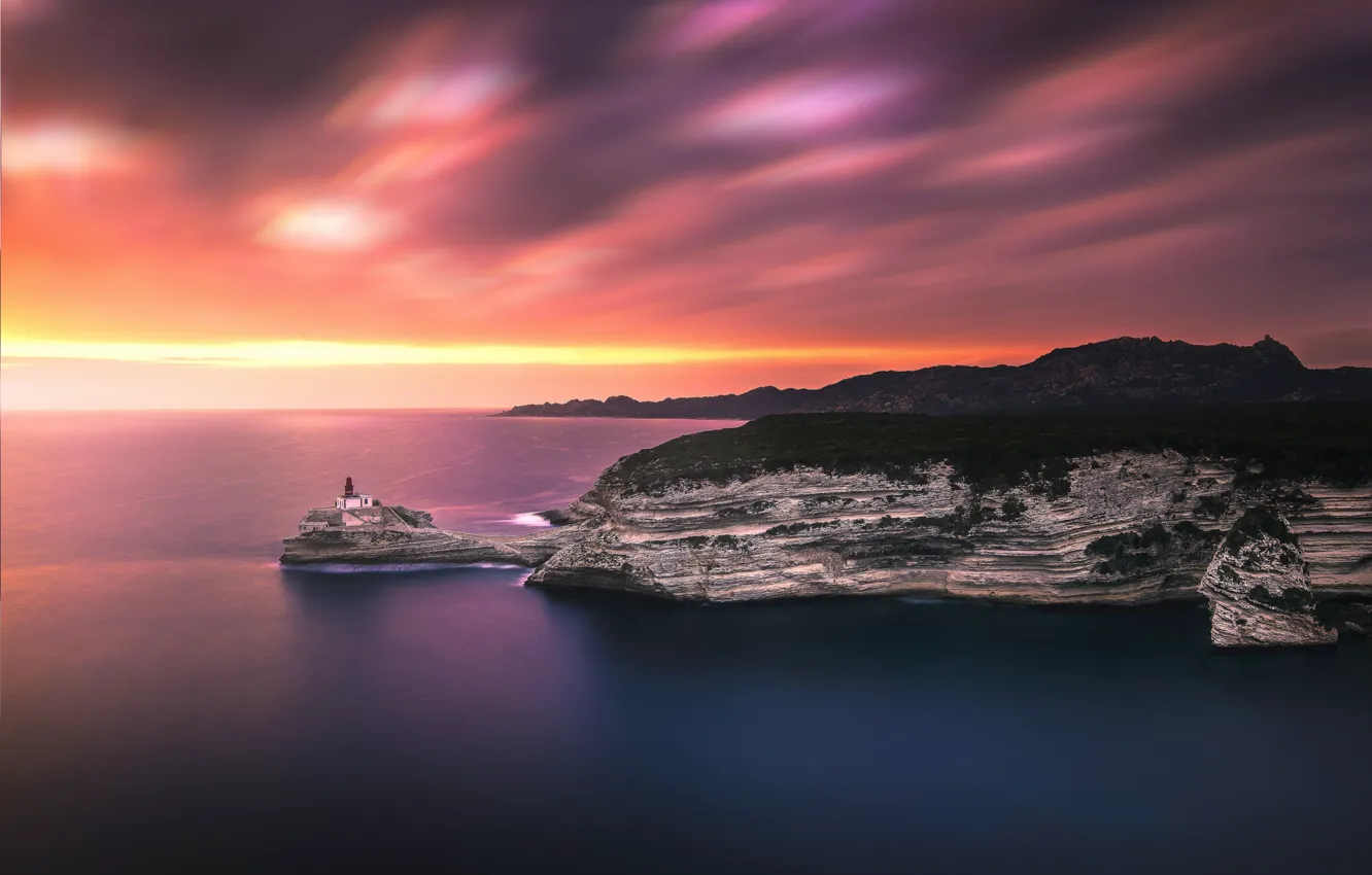 Photo wallpaper sea, clouds, sunset, rocks, shore, lighthouse, dal, the evening