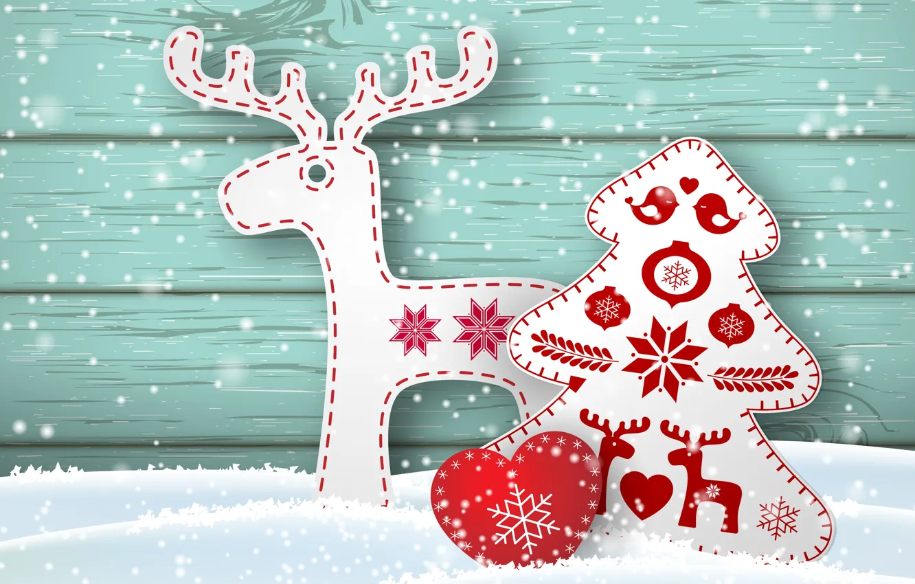 Photo wallpaper background, holiday, figure, tree, Christmas, deer, hearts