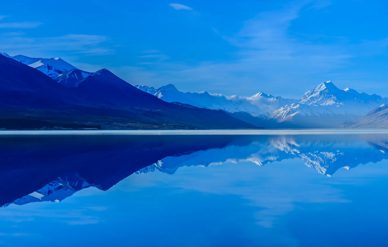 Photo wallpaper the sky, mountains, reflection, New Zealand, South island, Lake Pukaki, lake Pukaki