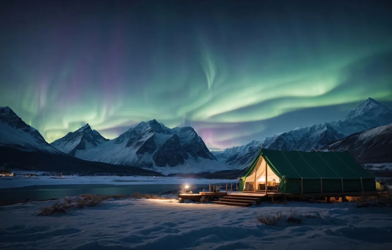 Photo wallpaper lights, winter, mountains, Polar