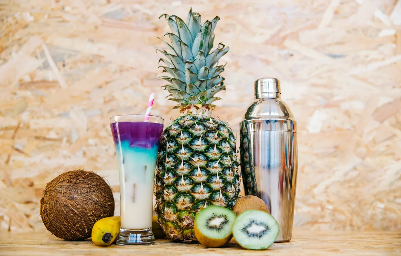 Photo wallpaper glass, background, coconut, kiwi, cocktail, tube, fruit, pineapple