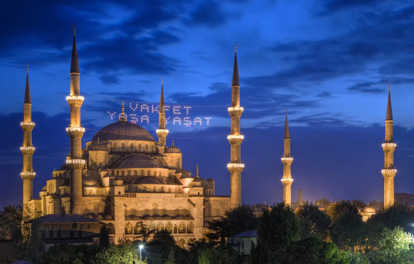 Photo wallpaper trees, night, lights, Istanbul, The Mosque Of Sultan Ahmet, Turkey