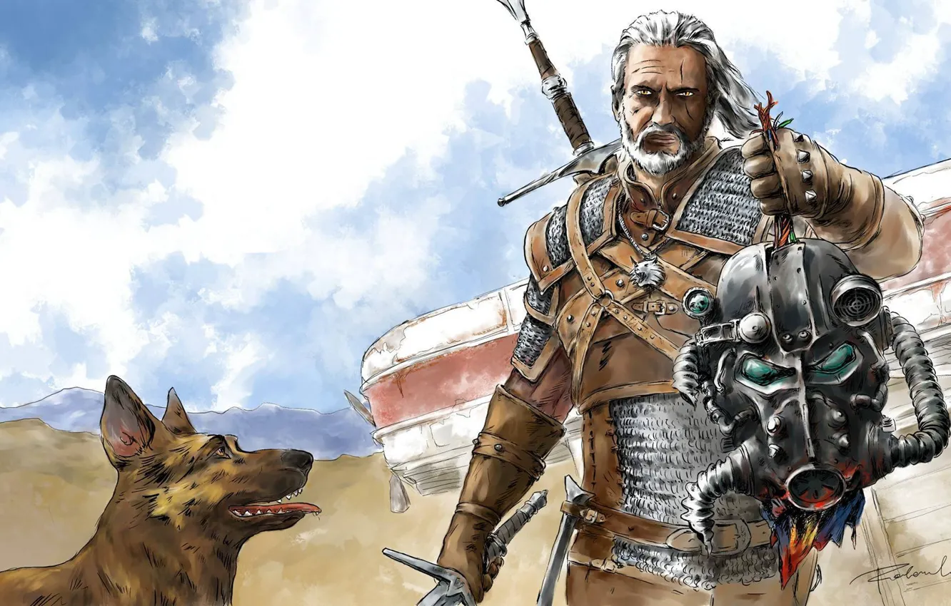 Photo wallpaper dog, art, Fallout, The Witcher, The Witcher, Geralt, Bethesda, Geralt
