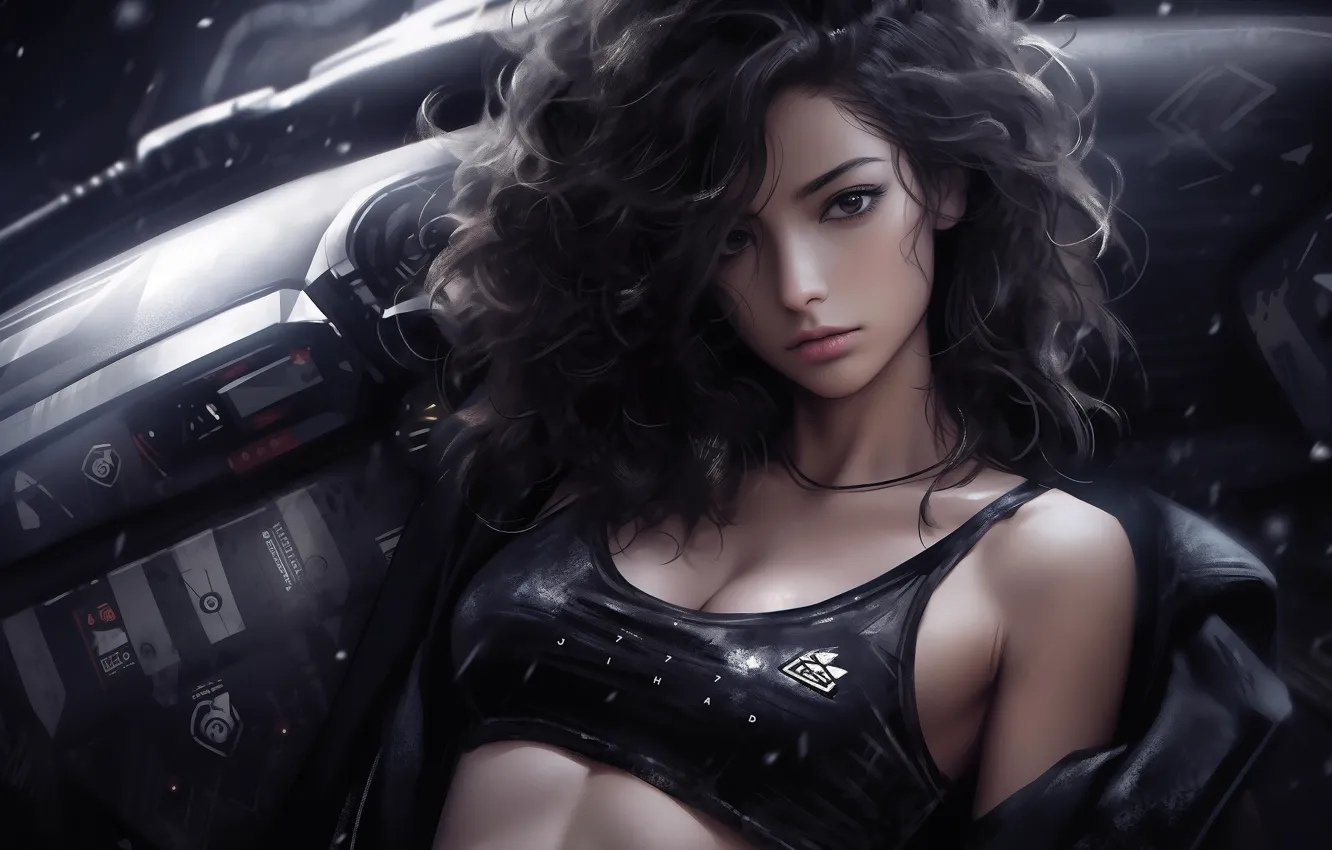 Photo wallpaper cleavage, long hair, women, portrait, wavy hair, tank top, looking at viewer, sports bra