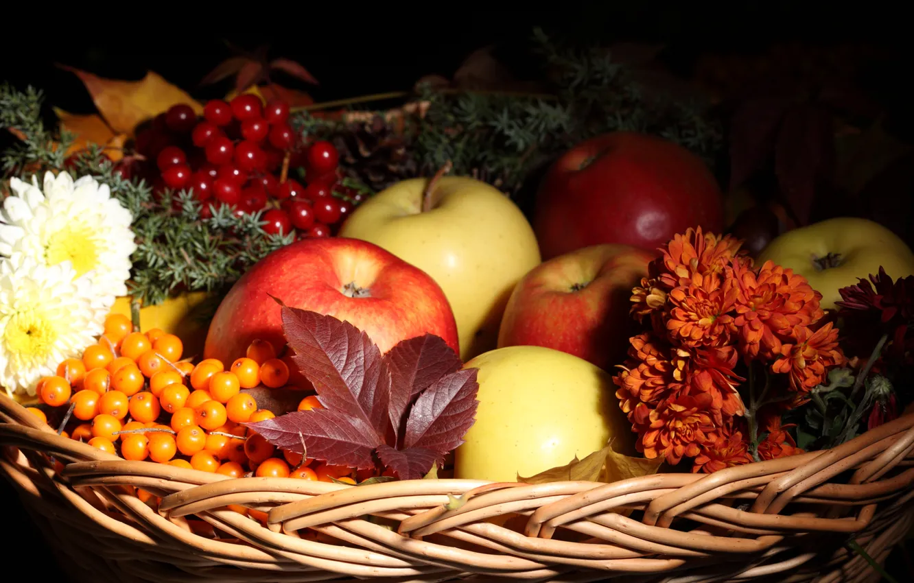 Photo wallpaper autumn, leaves, flowers, basket, apples, fruit, sea buckthorn
