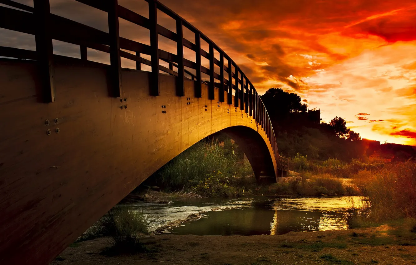 Photo wallpaper sunset, bridge, river