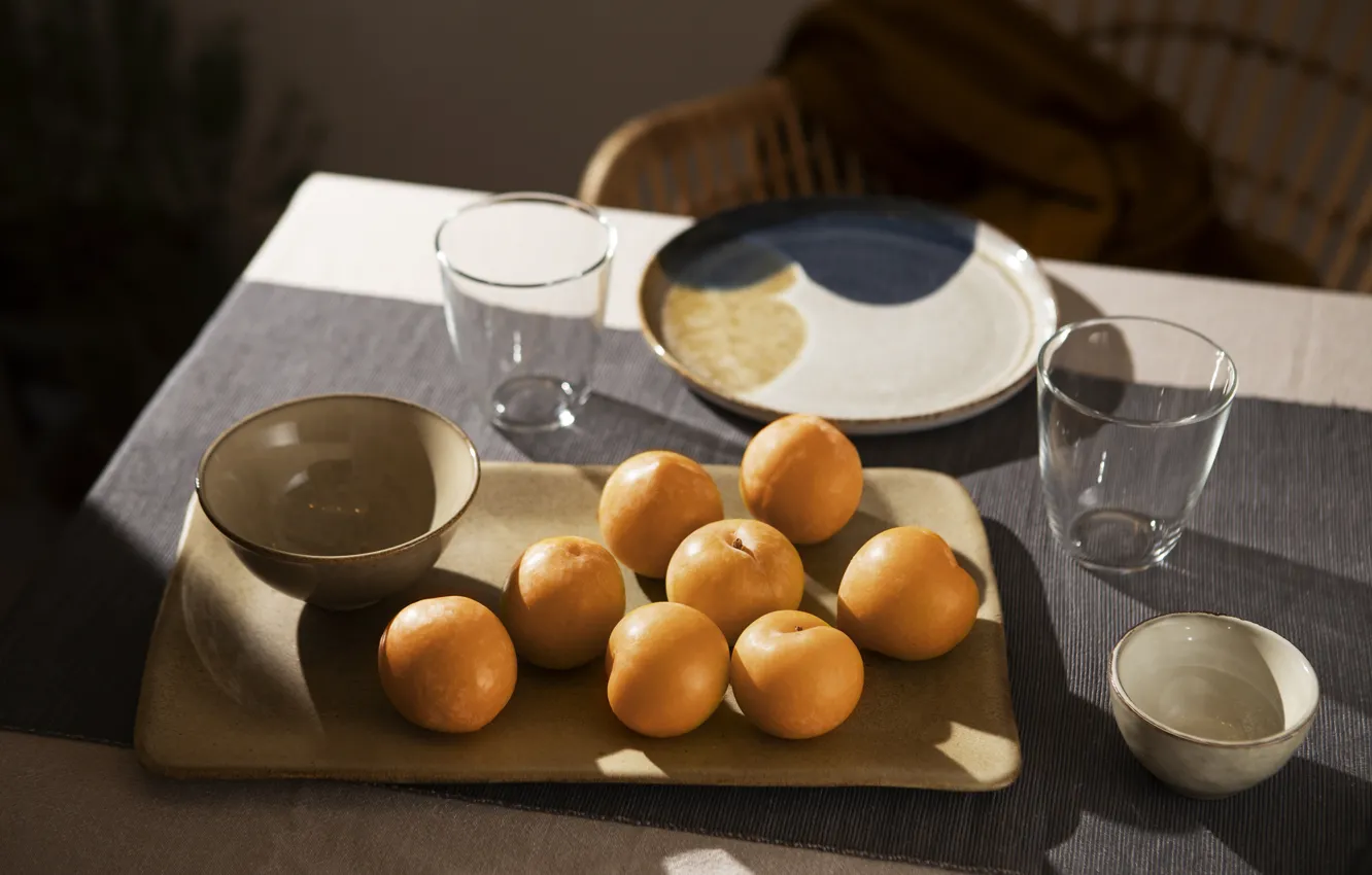 Photo wallpaper light, glass, table, shadow, plate, dishes, bowl, fruit