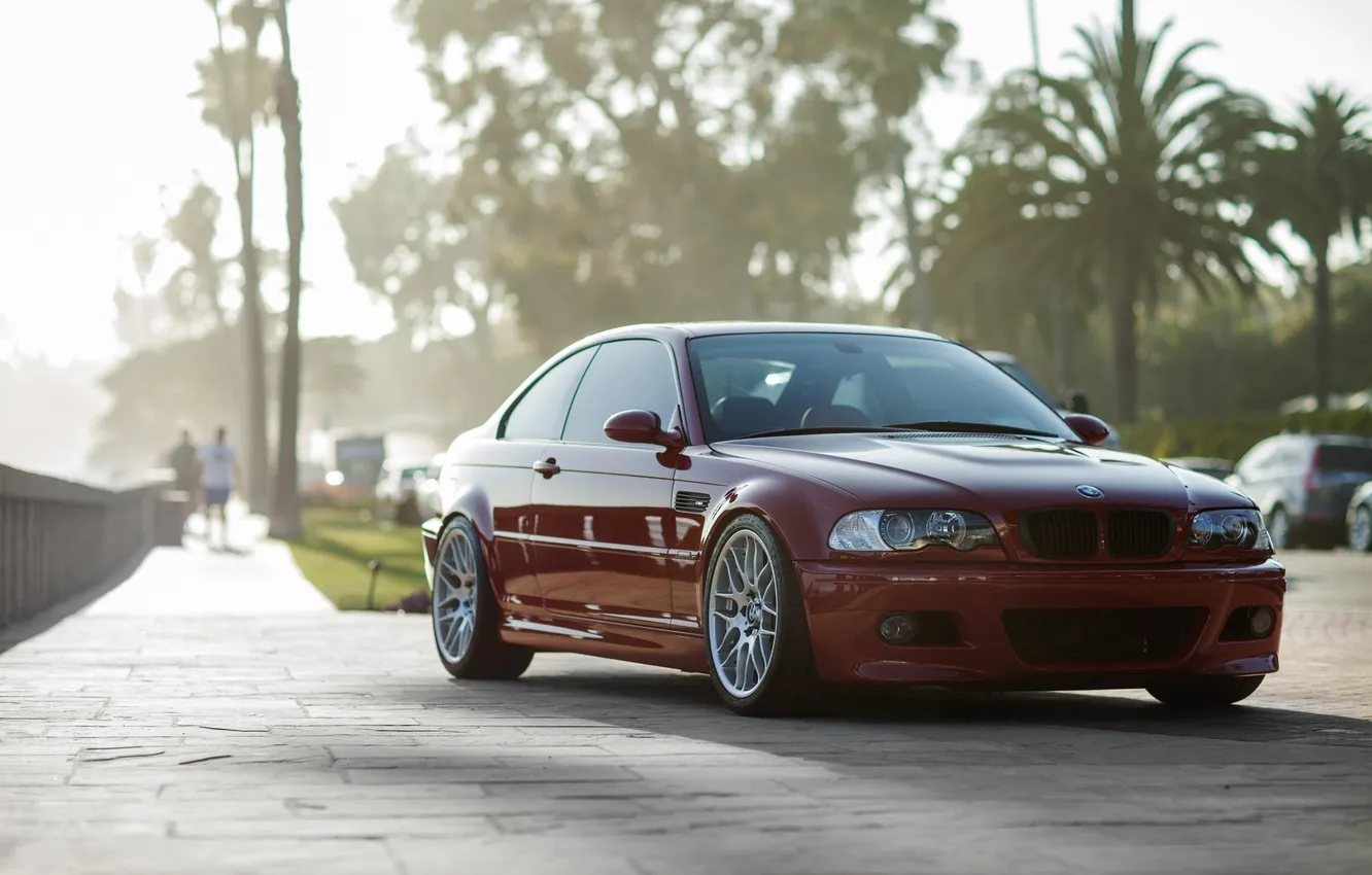 Photo wallpaper red, palm trees, lawn, people, BMW, pavers, BMW, red