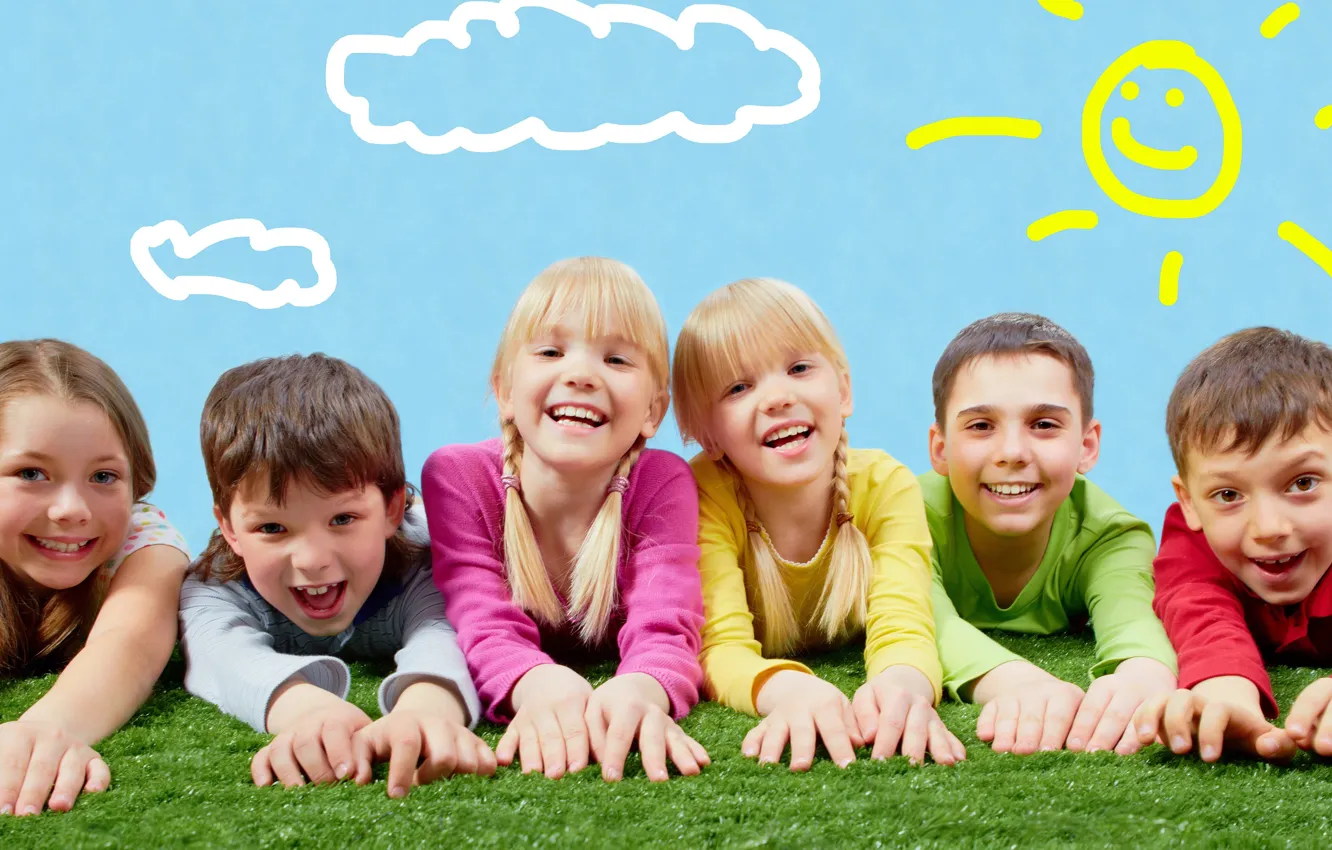 Photo wallpaper the sky, grass, look, clouds, children, childhood, pose, smile