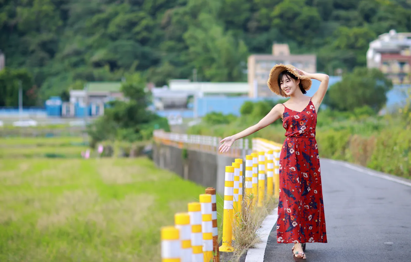 Photo wallpaper girl, hat, dress, Asian, bokeh