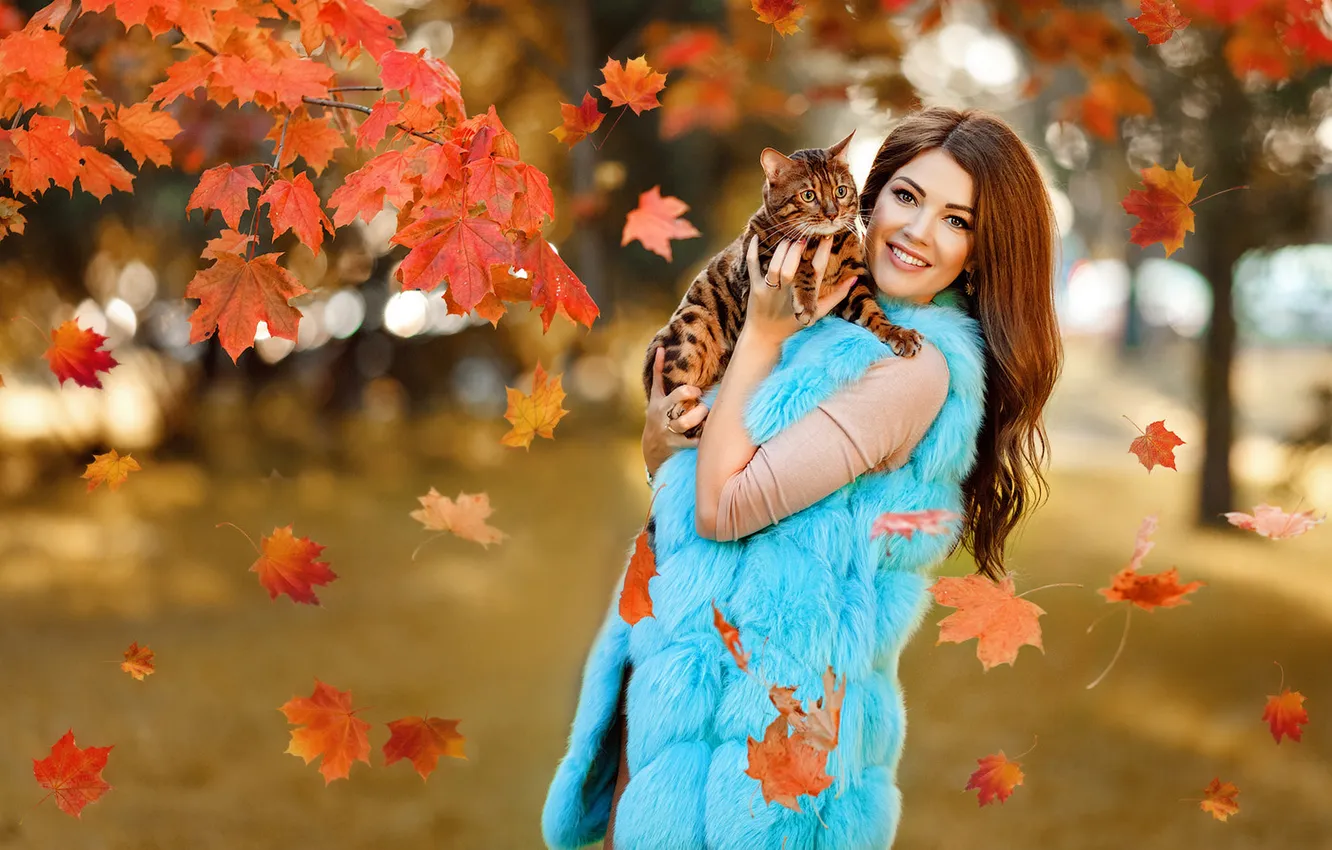 Photo wallpaper autumn, cat, cat, girl, smile, Park, each, foliage