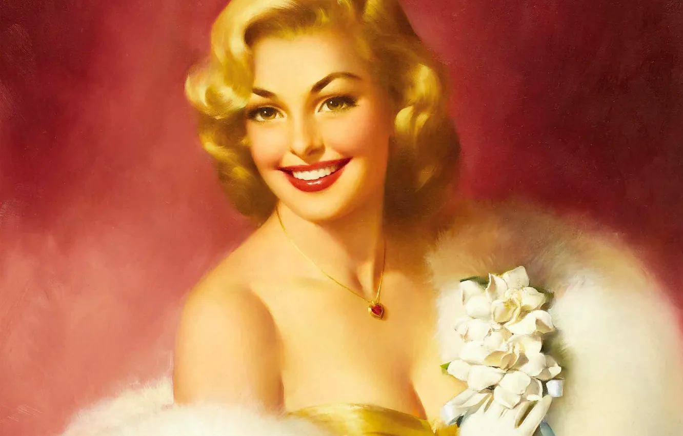 Photo wallpaper decoration, flowers, smile, hair, lipstick, hairstyle, pendant, gloves