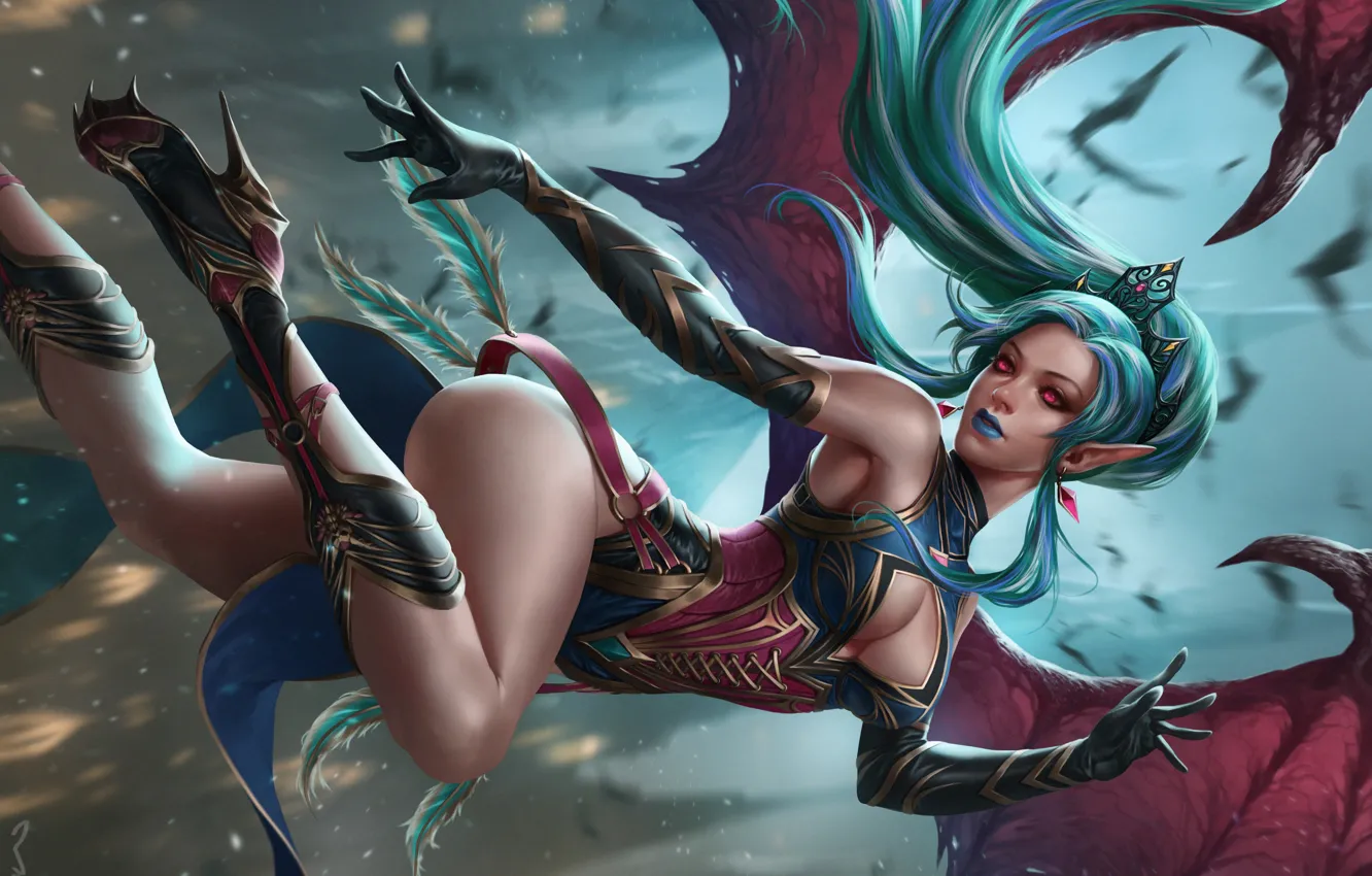 Photo wallpaper look, flight, pose, wings, fantasy, art, red eyes, succubus