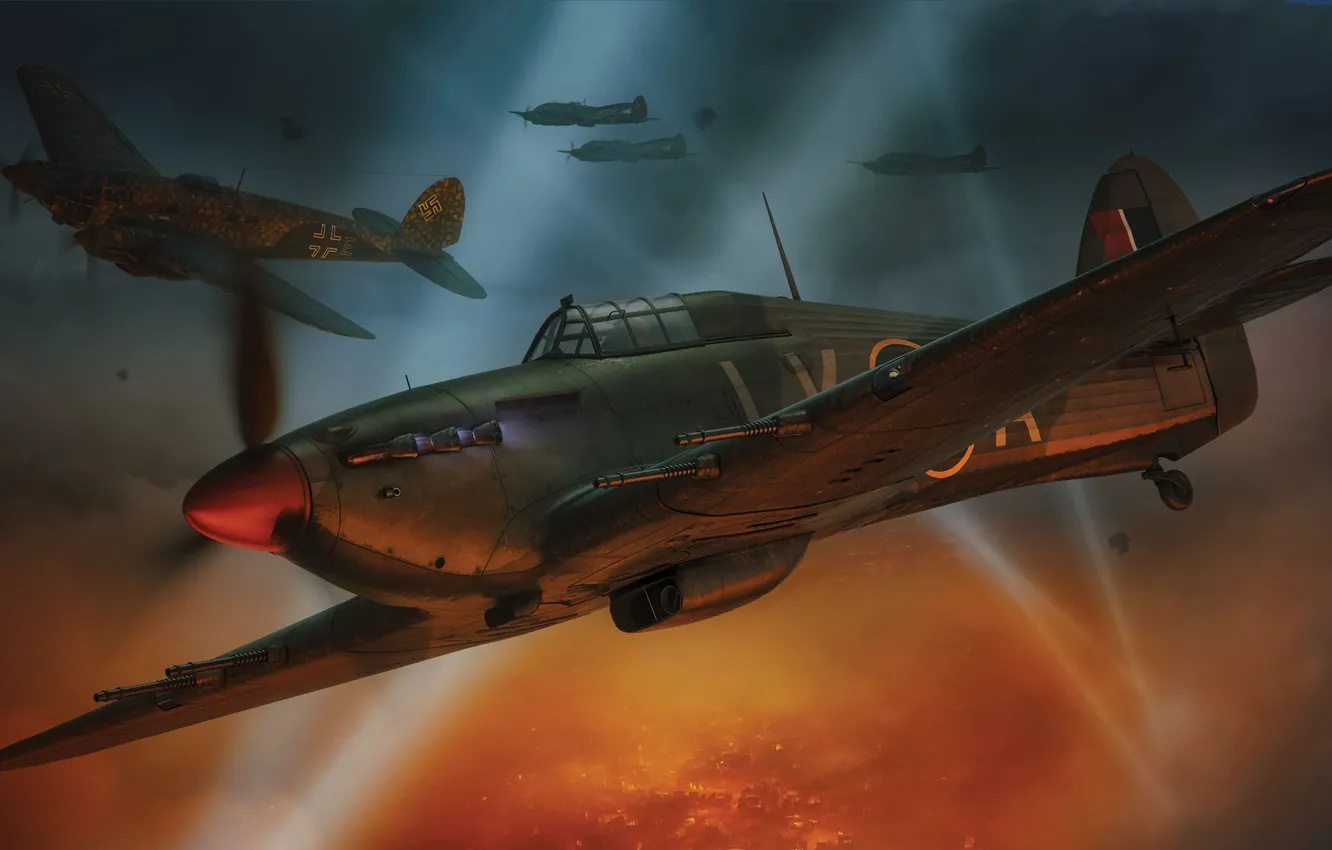 Photo wallpaper Night, Fighter, Bomber, Hawker Hurricane, RAF, He 111, Hurricane Mk.IIC, The spotlight