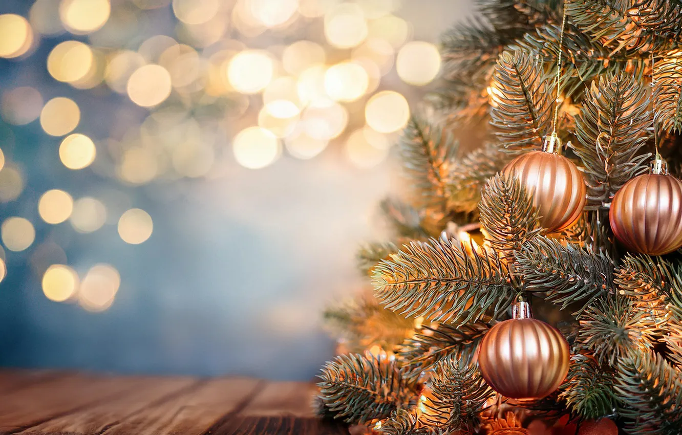 Photo wallpaper balls, light, branches, lights, Board, new year, Christmas, gold