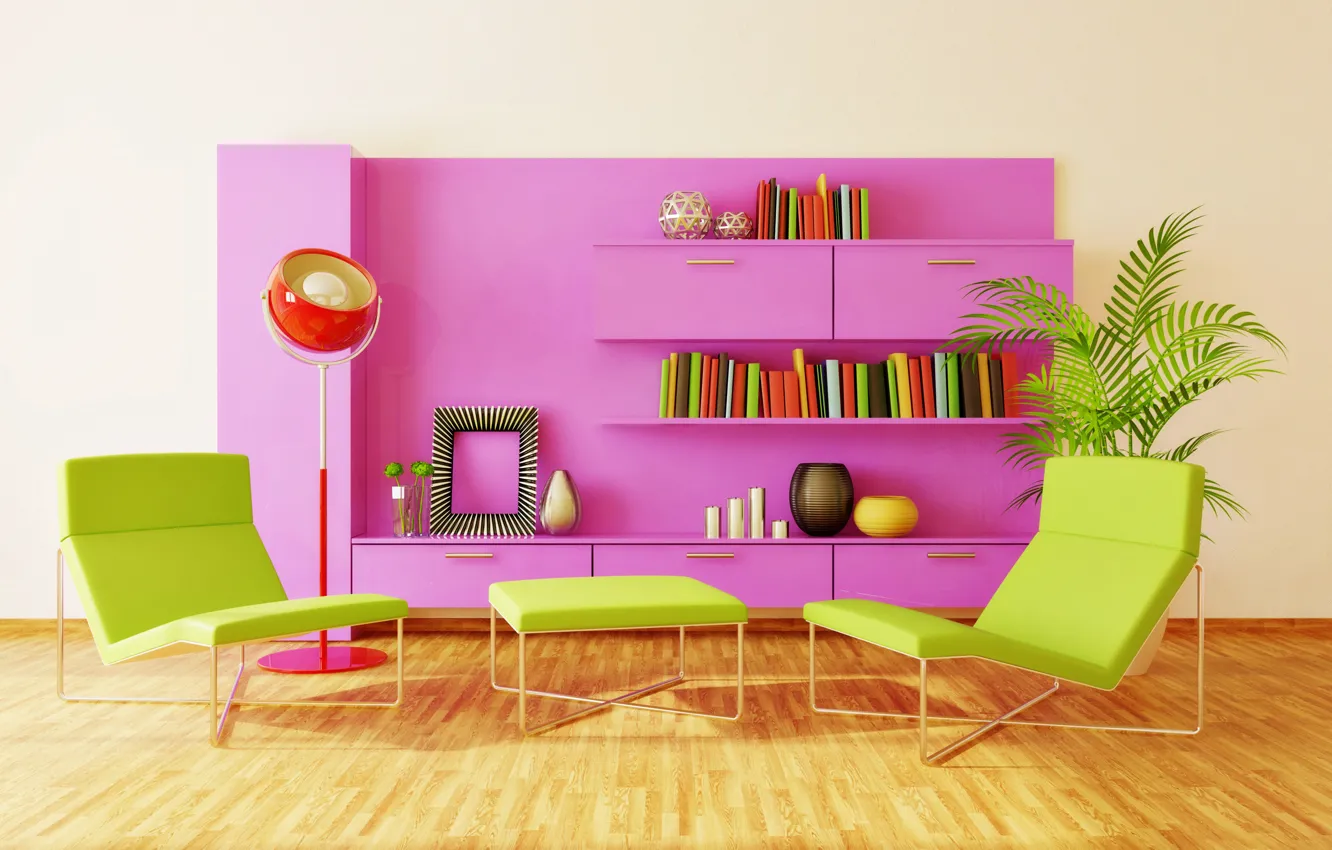 Photo wallpaper design, creative, books, interior, chair, pink, wardrobe