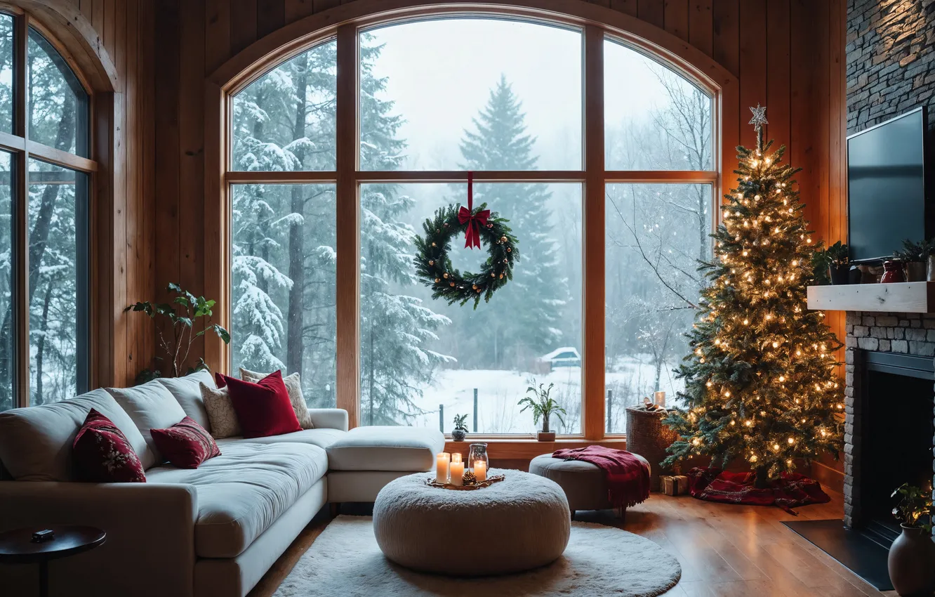 Photo wallpaper room, tree, new year, interior, Christmas, Christmas, view, tree
