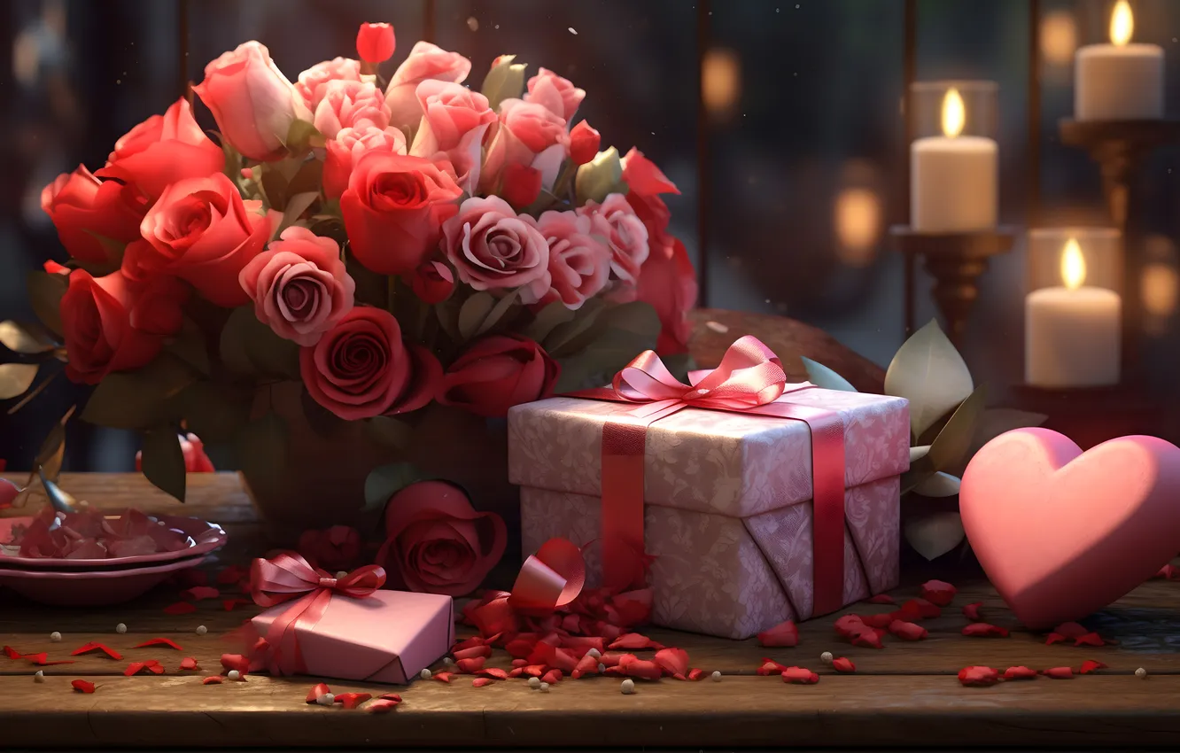 Photo wallpaper love, flowers, gift, romance, heart, roses, love, Valentine's day