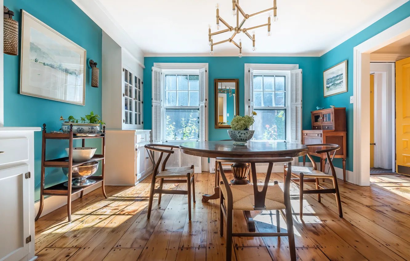 Photo wallpaper design, style, room, interior, positive, dining room, Middleton, turquoise walls