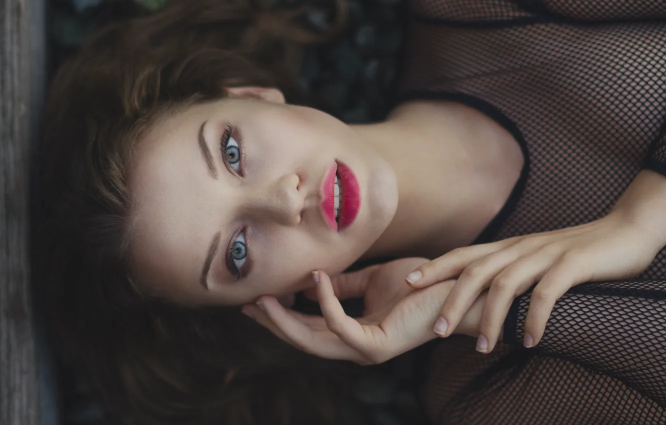 Photo wallpaper girl, photo, blue eyes, model, lips, face, brunette, portrait