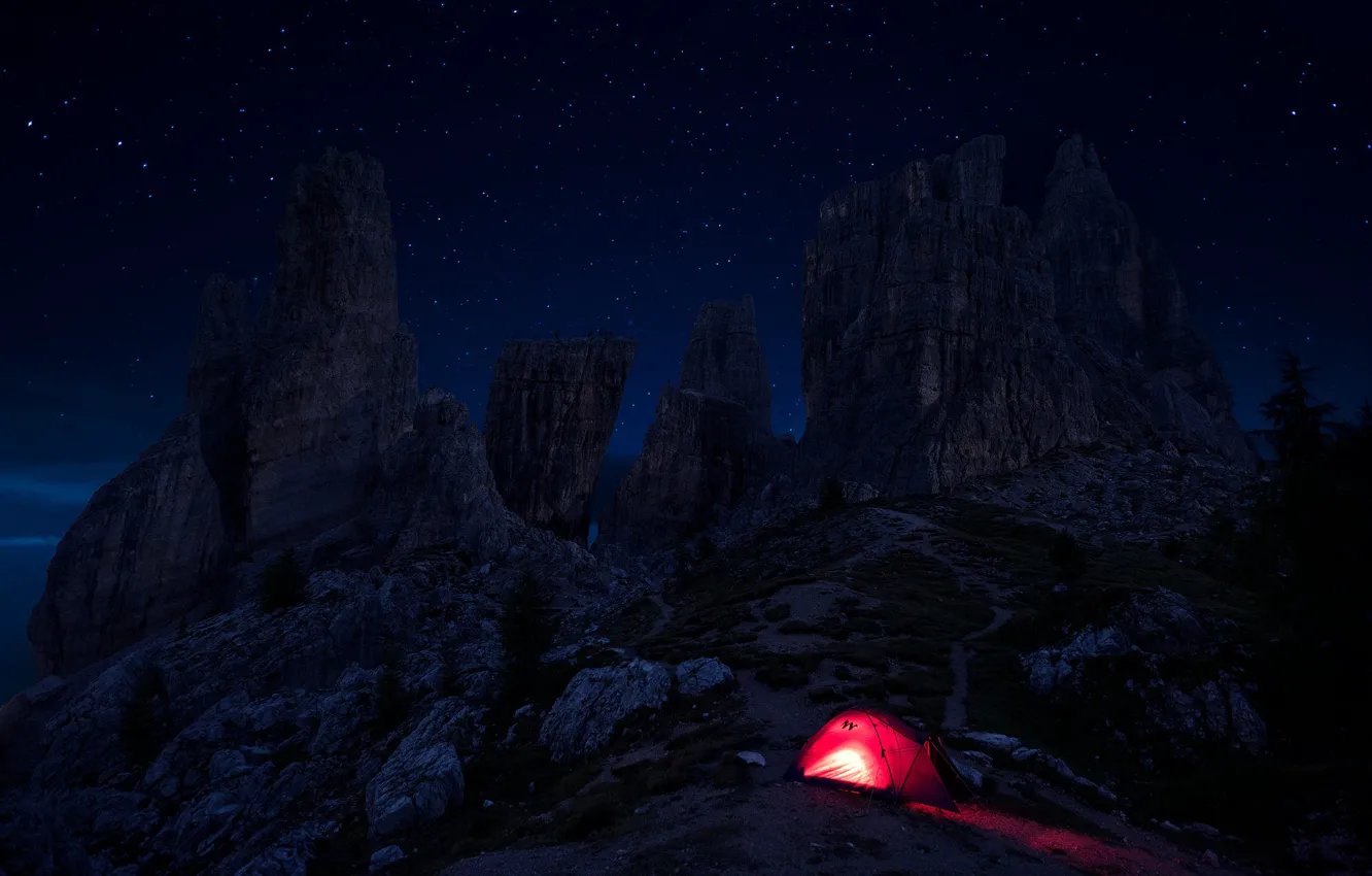 Photo wallpaper the sky, stars, light, mountains, night, red, darkness, stones