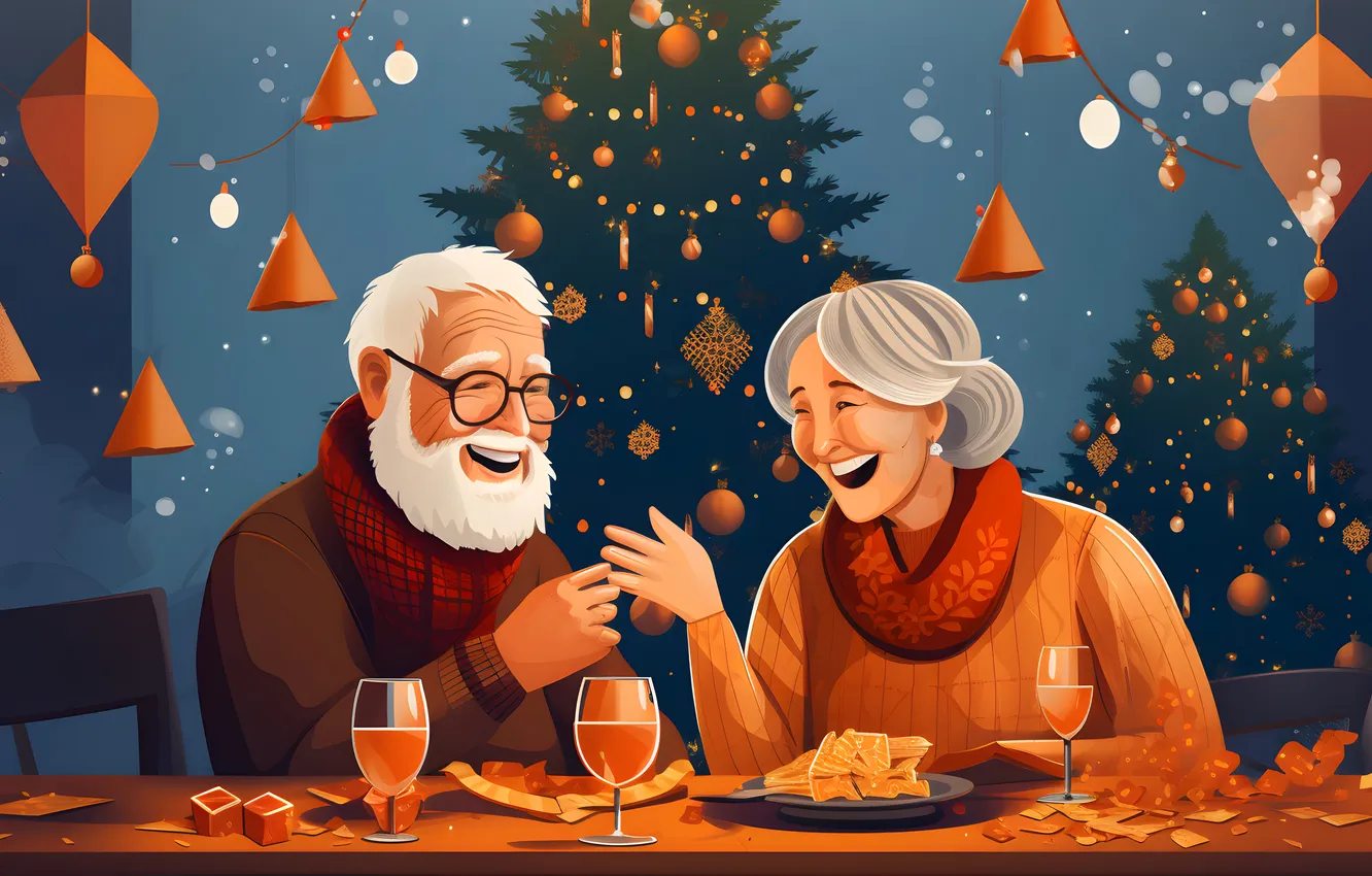 Photo wallpaper joy, smile, tree, new year, grandma, glasses, Christmas, grandpa