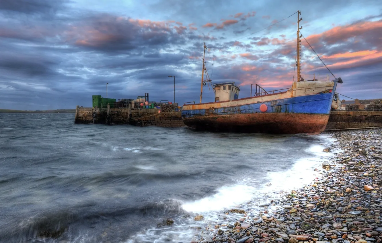 Photo wallpaper sea, shore, ship, Orkneys sunrise