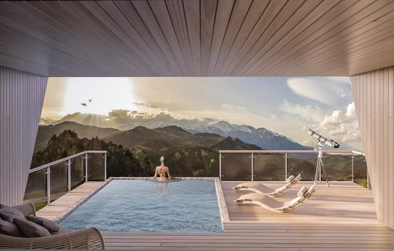 Photo wallpaper mountains, pool, telescope, the room, Particula Observatory Houses YAC Competition
