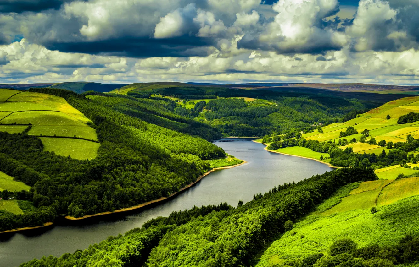 Photo wallpaper field, forest, clouds, landscape, nature, river, photo, UK