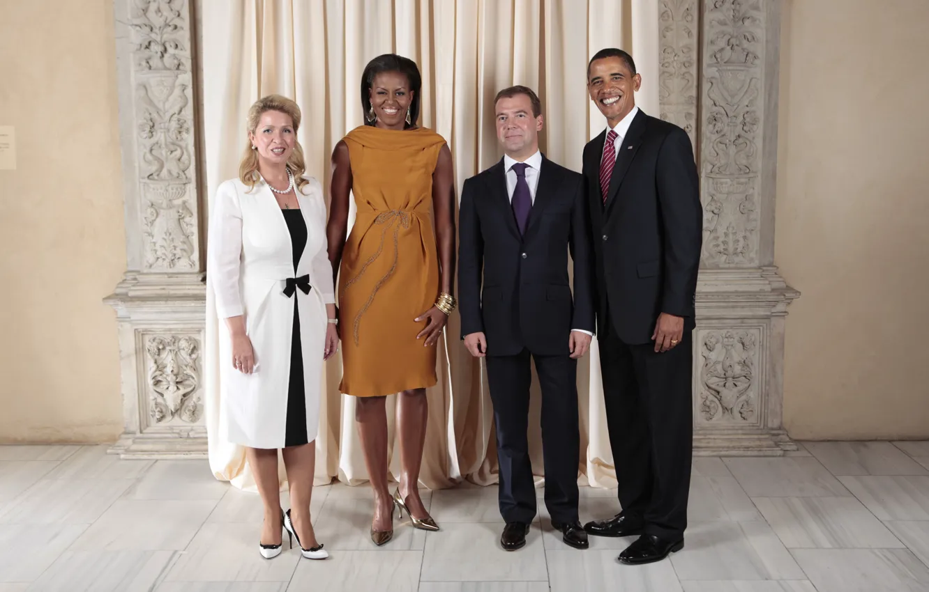 Photo wallpaper smile, policy, President, Medvedev, blue tie, Obama