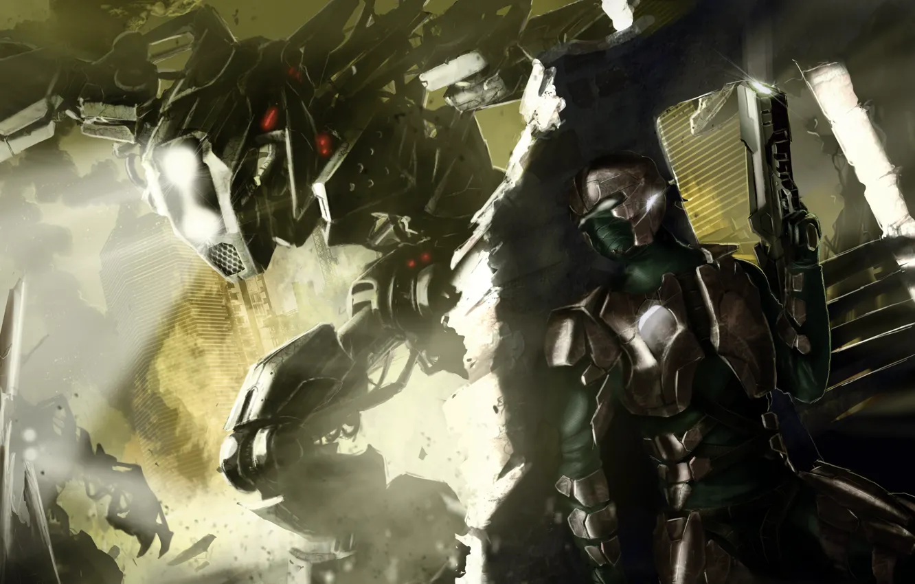 Photo wallpaper light, the city, weapons, robot, warrior, armor, ruins