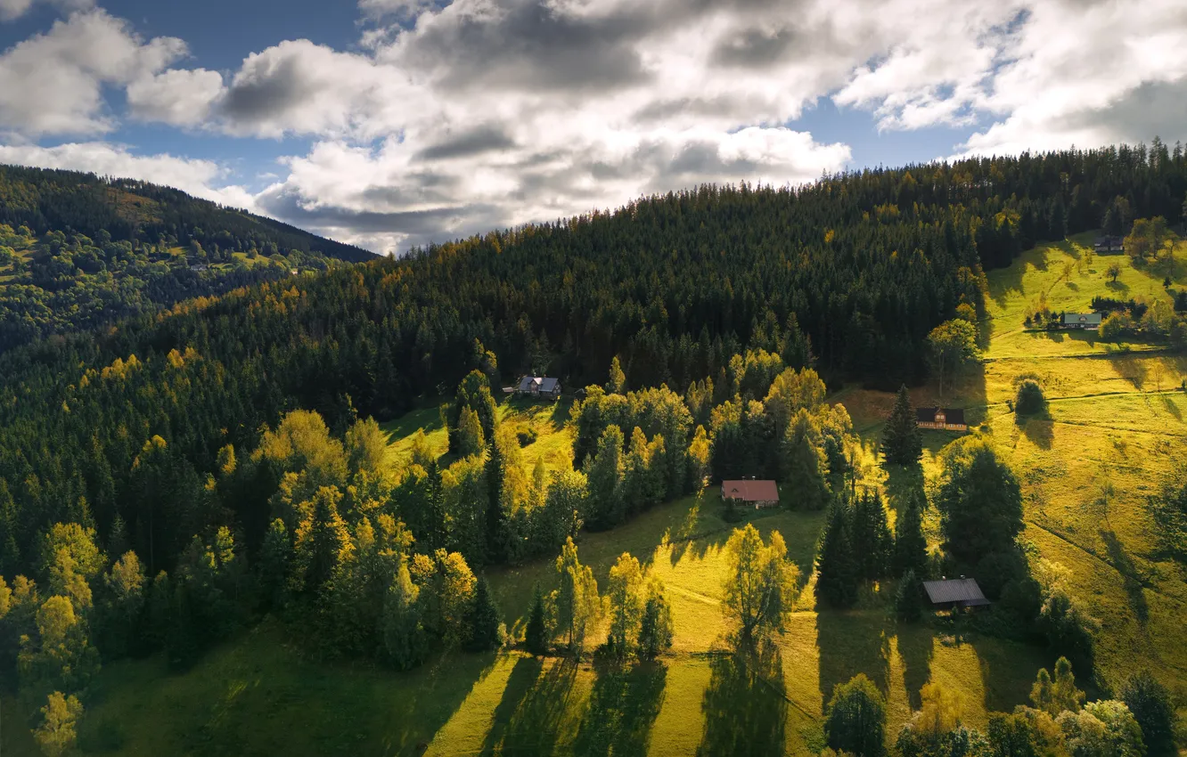Photo wallpaper clouds, trees, beauty, grove, sunlight, Picturesque Landscape, Shimakovsky Yuri, Czech Mountains
