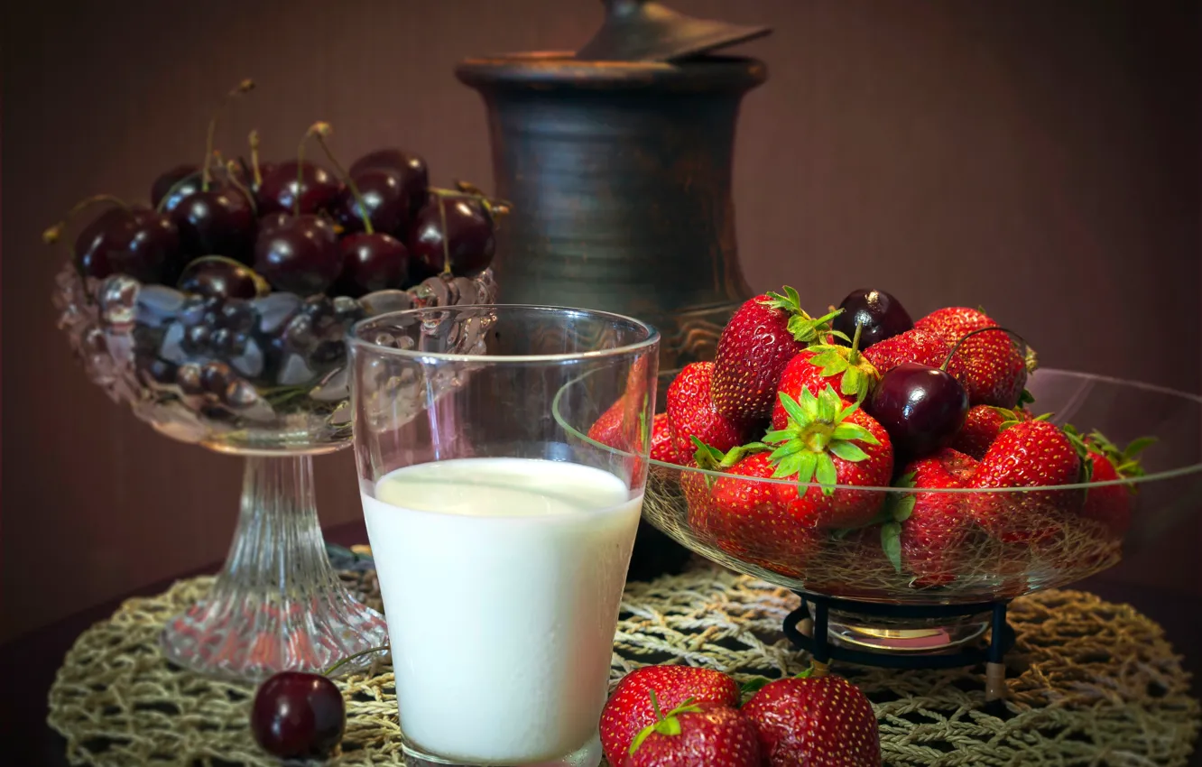 Photo wallpaper cherry, glass, berries, table, milk, strawberry, pitcher, still life