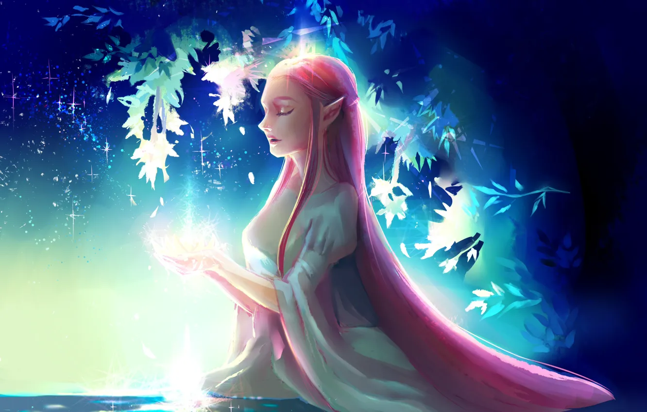 Photo wallpaper night, lights, magic, elf, white dress, in the water, art, red hair