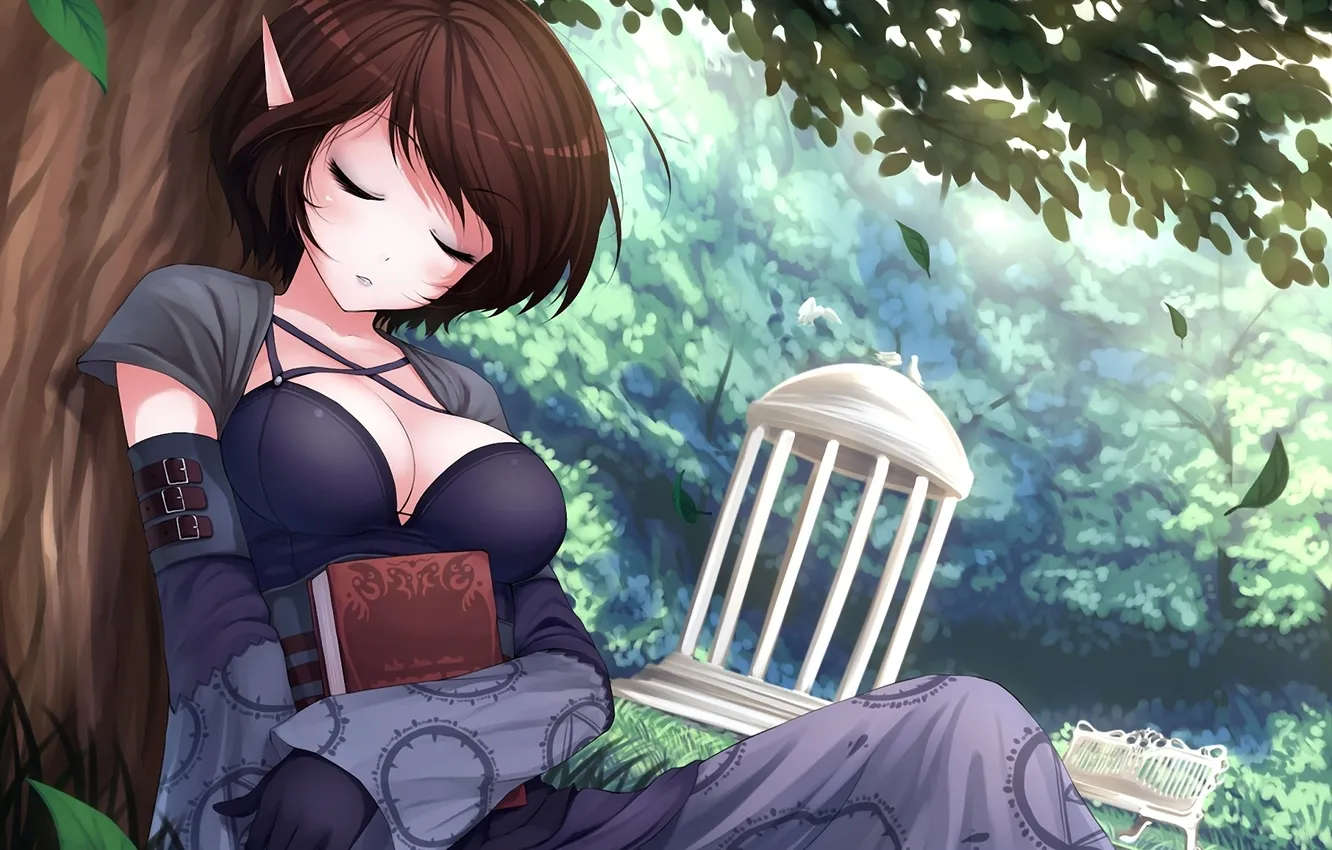 Photo wallpaper girl, elf, garden, art, book, ears, atomix