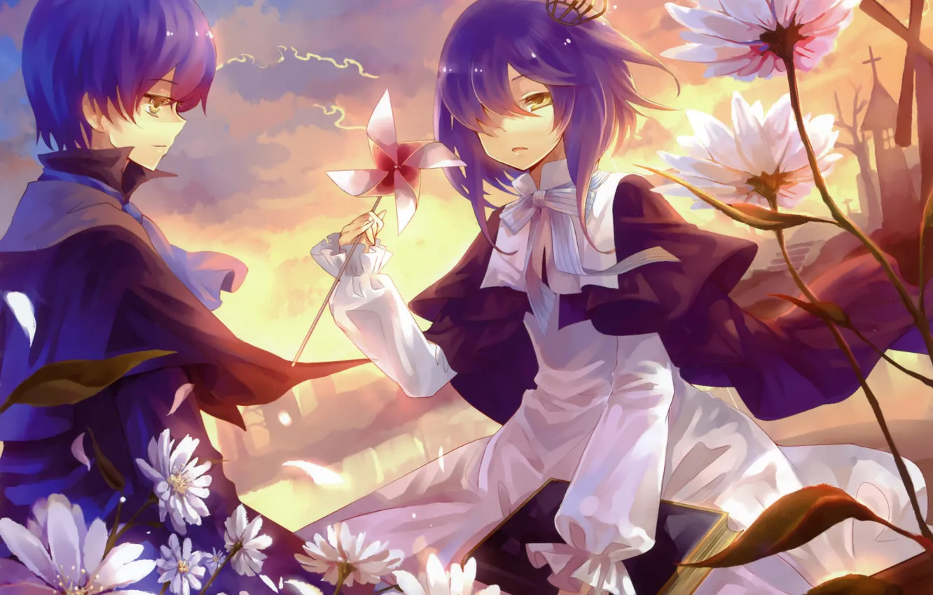 Photo wallpaper sunset, flowers, boy, crown, girl, book, origami, art