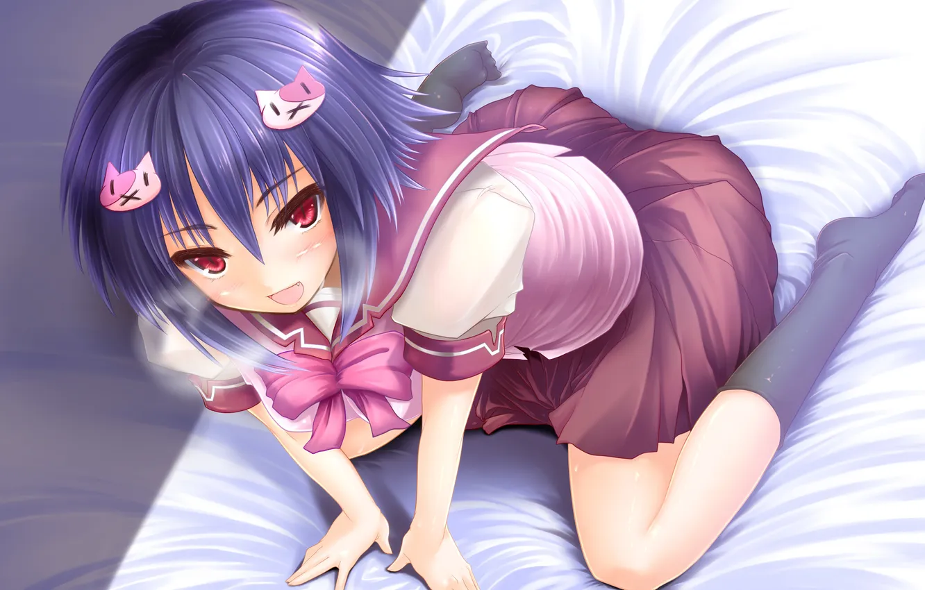 Photo wallpaper look, girl, smile, bed, schoolgirl, art, embarrassment, gizensha