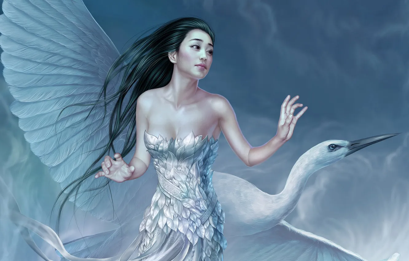 Photo wallpaper leaves, girl, bird, smoke, feathers, dress, art, Asian