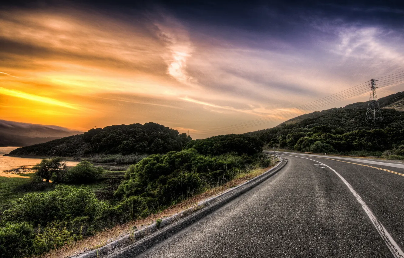 Photo wallpaper road, the sky, landscape, sunset, HDR
