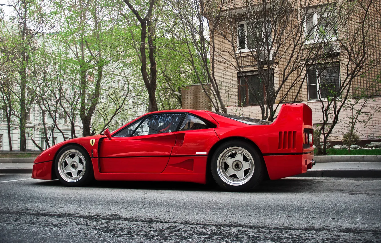 Photo wallpaper trees, street, wheel, Ferrari, F40, apartment
