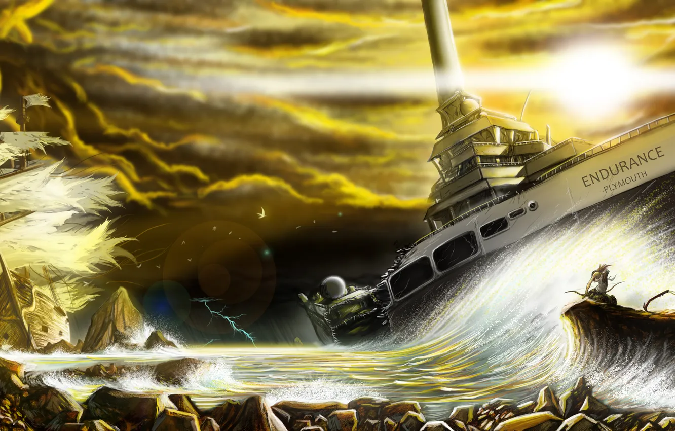 Photo wallpaper the storm, the sky, stones, the game, ship, art, weather, Lara Croft
