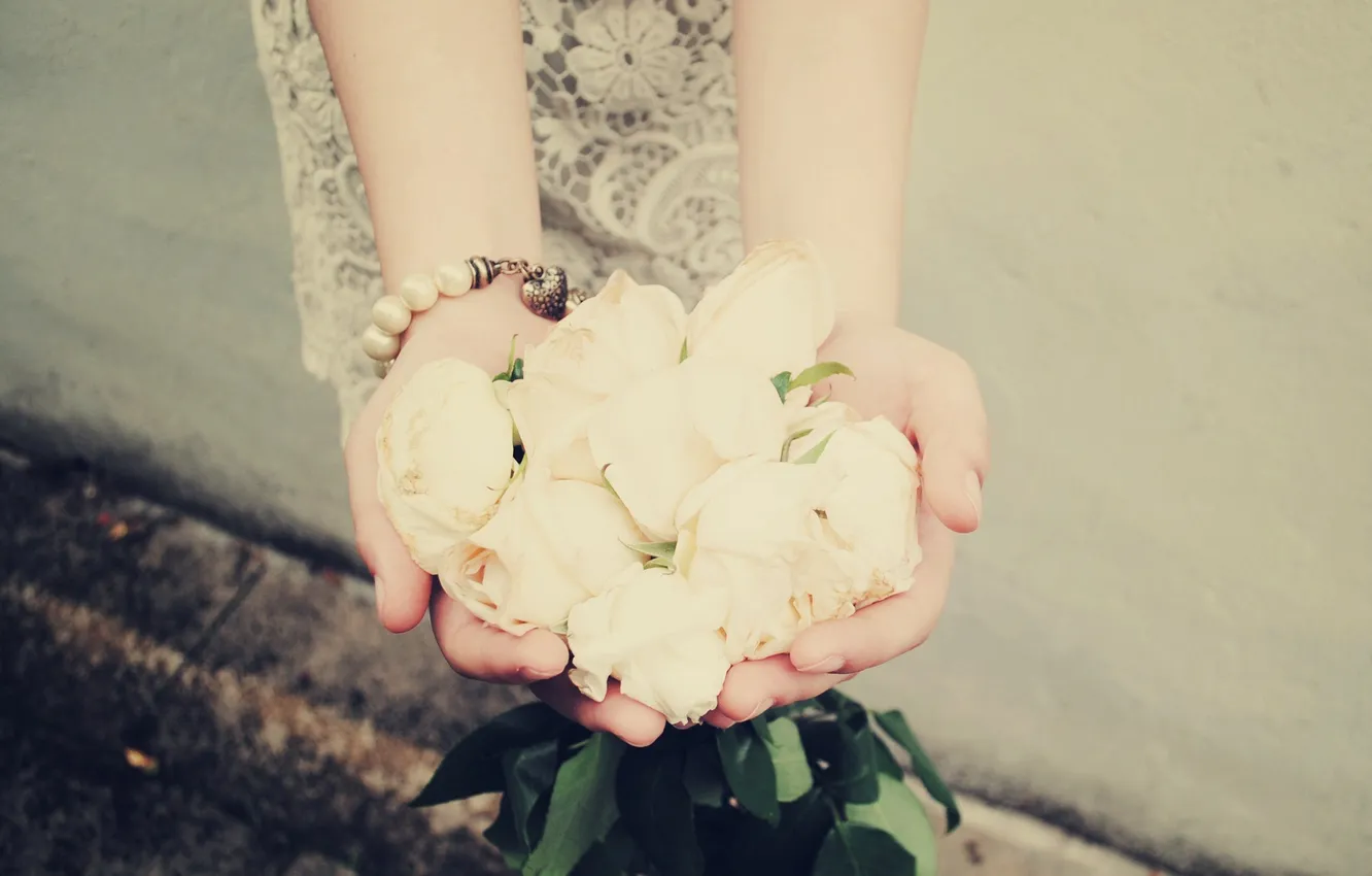 Photo wallpaper roses, hands, bracelet, white