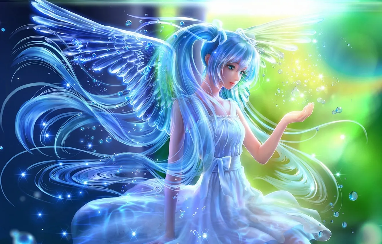 Photo wallpaper girl, bubbles, wings, vocaloid, hatsune miku, under water