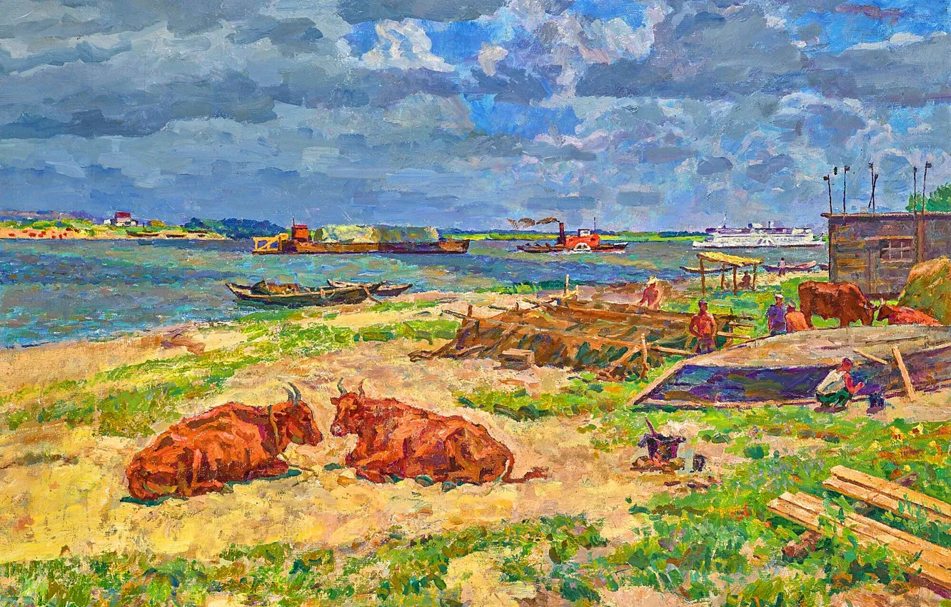 Photo wallpaper Clouds, River, Picture, Ships, Cows, Boris Tikhonovich Sporykhin, Boris Sporykhin, View of the old Don …