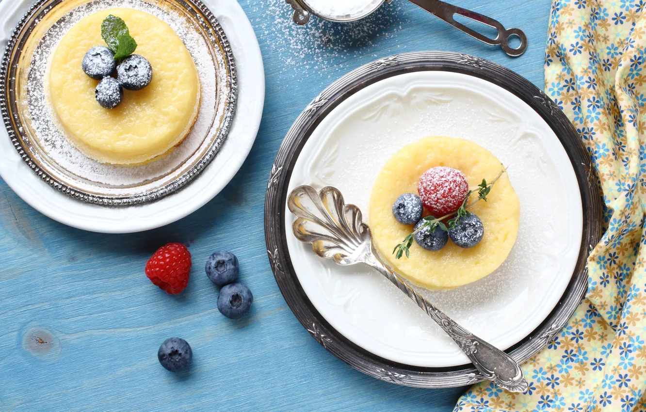 Photo wallpaper berries, blueberries, dessert, lemons, powdered sugar, souffle, lemon, Iryna Melnyk