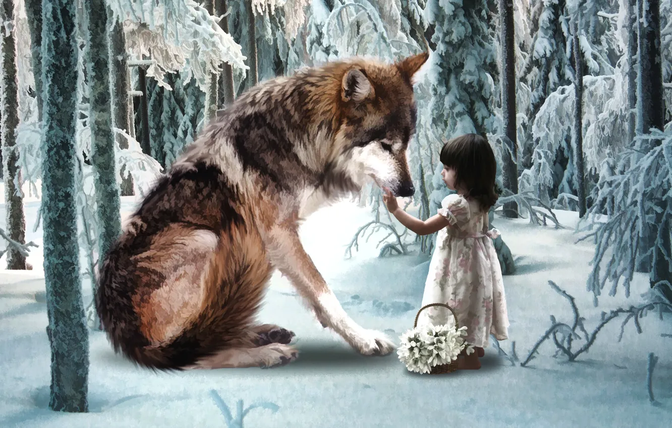 Photo wallpaper winter, frost, forest, snow, wolf, tale, snowdrops, girl