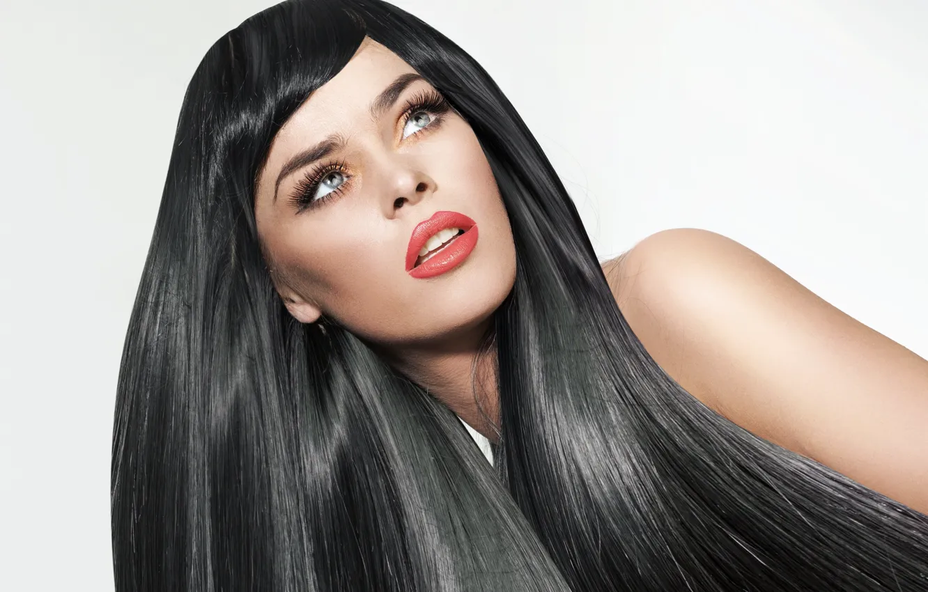 Photo wallpaper girl, background, model, hair, makeup, lipstick, lips, eyelashes. look