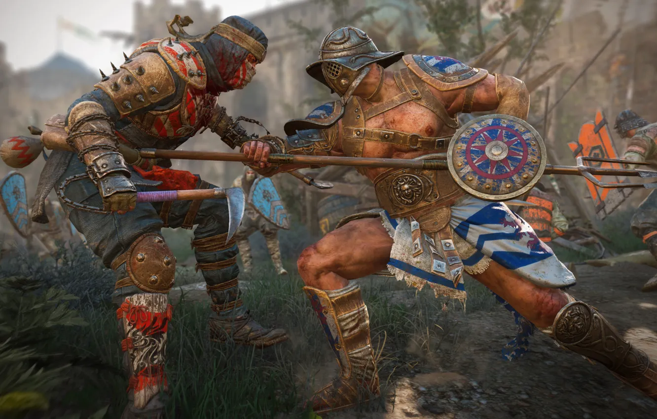 Photo wallpaper blood, game, armor, weapon, man, gladiator, samurai, shield