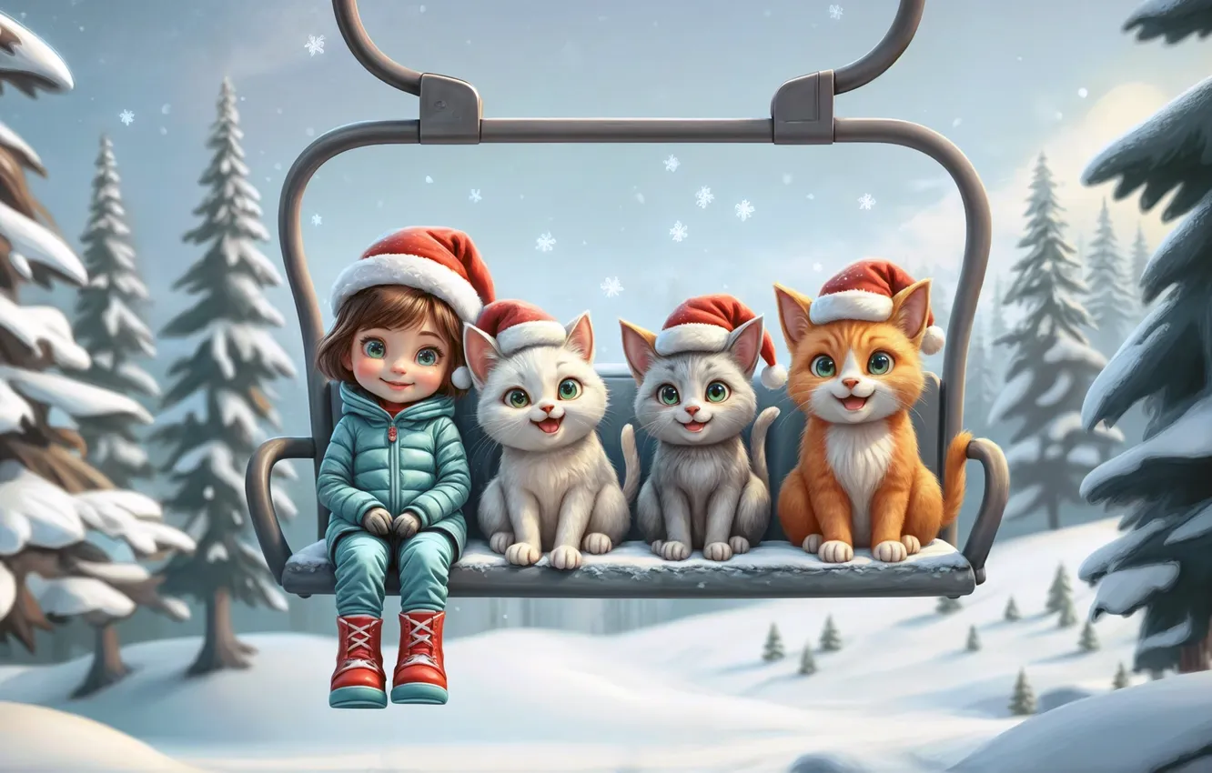 Photo wallpaper winter, forest, cat, cat, snow, bench, swing, new year